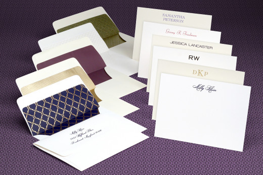 colorful and elegant thank you notes with different fonts and interior envelop colors