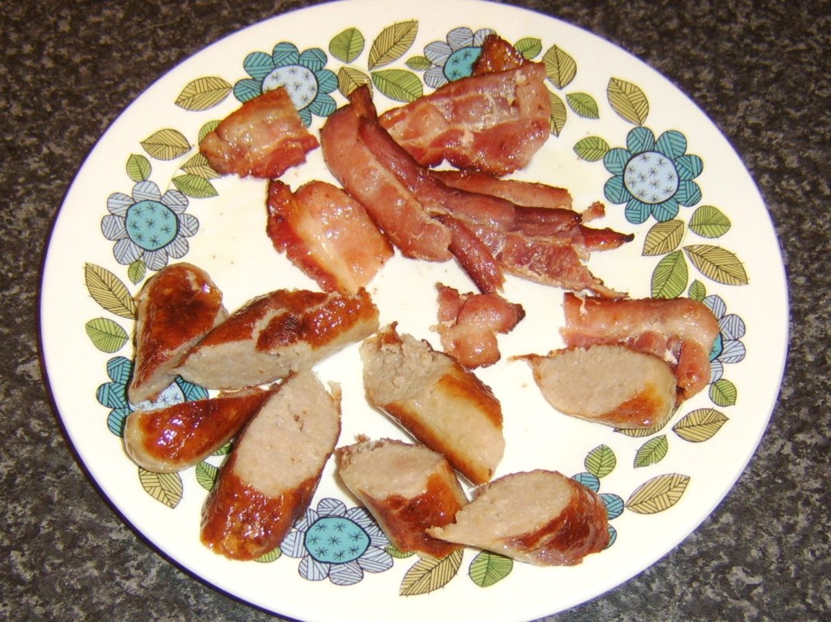 sausages and bacon are roughly chopped