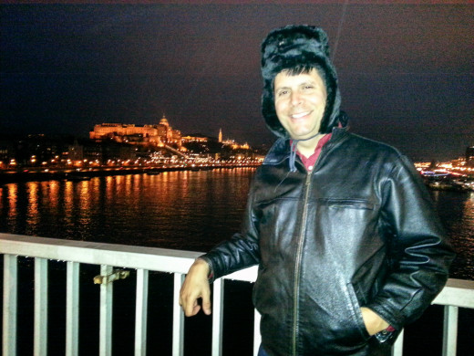I admire the Buda Castle from a Danube River Bridge. I later lost the hat, which a friend had described as "horrid".