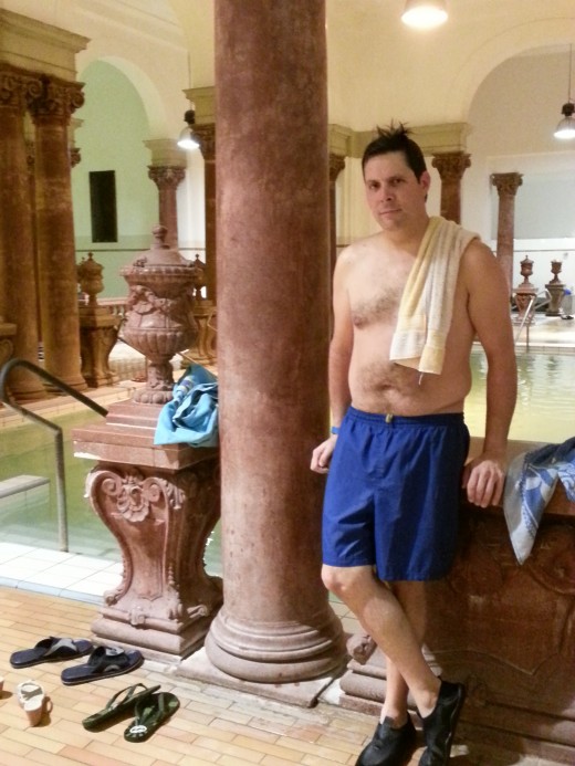 The indoor baths are in the Turkish style, with granite columns and fancy urns among the flip-flops.