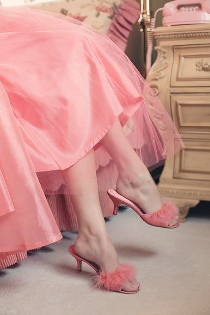 pink elegant vintage slippers with a matching flowing pink dress