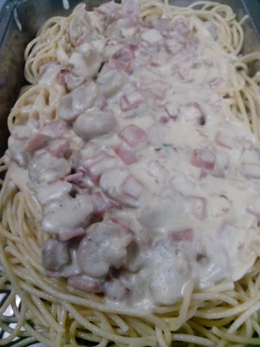 Italian cuisine: Carbonara, spaghetti in white sauce with meat tidbits and parsley Photo Source: Ireno A. Alcala