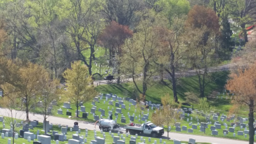 On the road in the back you can see a horse drawn carriage. Military burials at Arlington are always taken by horse drawn carriages like they were in the 1800's. 