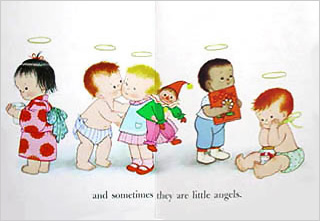 This page from the Babies board book depicts babies coexisting in a joyous heaven on earth.