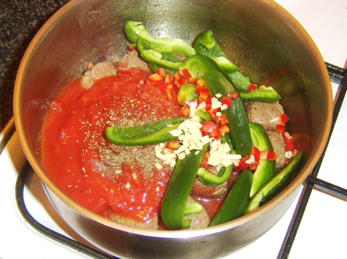 Vegetables are added to browned beef