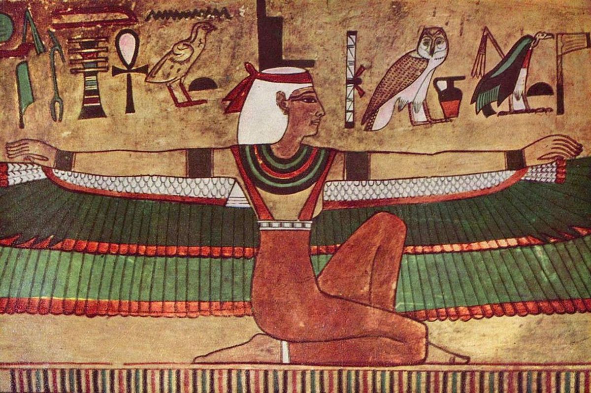 Isis depicted with outstretched wings. Wall painting in the tomb of Seti.