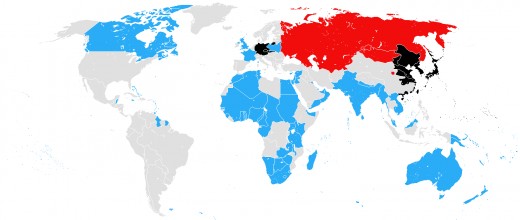 BLUE, The British and French Empires BLACK, German and Japanese annexed territories. RED, The Soviet Union and Mongolia (where there was a Red Army military attaché)