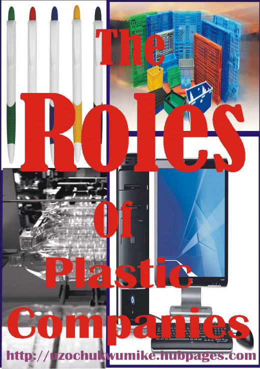 The picture illustrates the roles of plastic companies. It covers many areas including electronics, computer, education, and household.