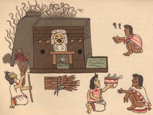 Picture depicts someone enjoying an Aztec steam bath.