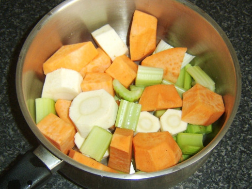 Chopped celery, sweet potato and parsnip