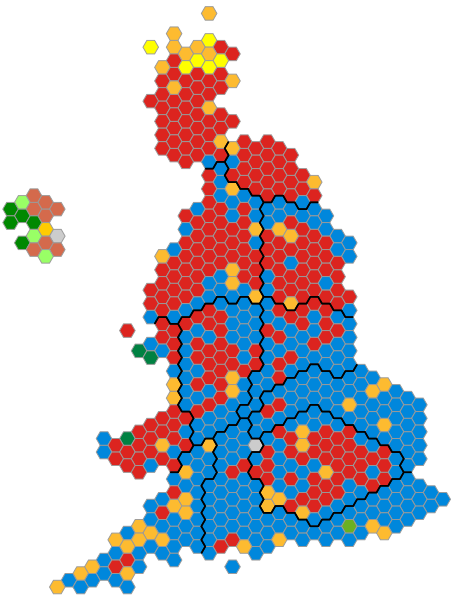 Blue = Conservatives Red= Labour Orange= Lib Dem yellow =SNP