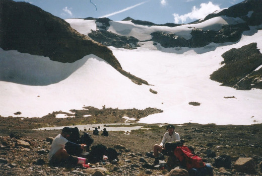 MY buddy Neil (L) and myself (R) breaking for lunch on the Wonderland Trail.  Others from our group are in the background.