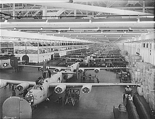 Looking up one of the assembly lines at Ford's big Willow Run plant, where B-24E (Liberator) bombers were made in great numbers.
