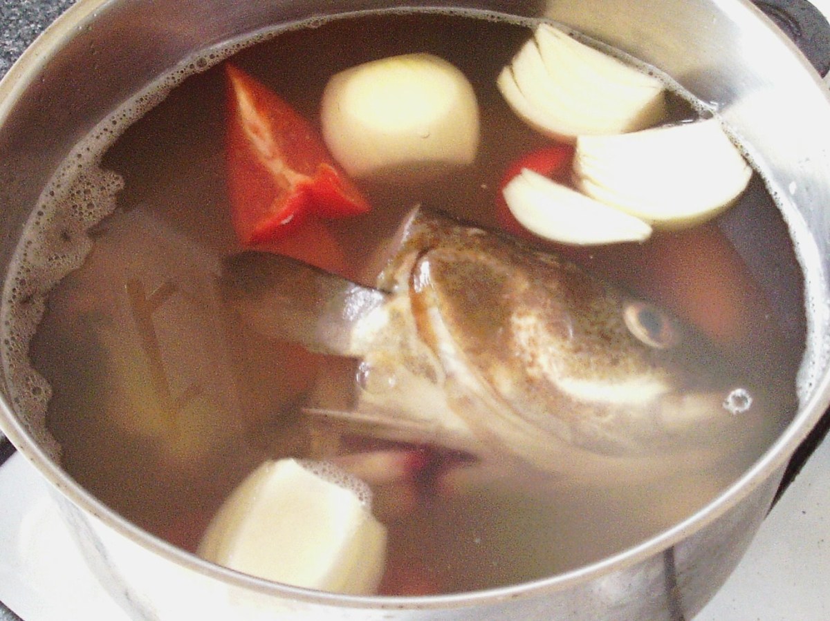 Cod fish stock ingredients are added to pot