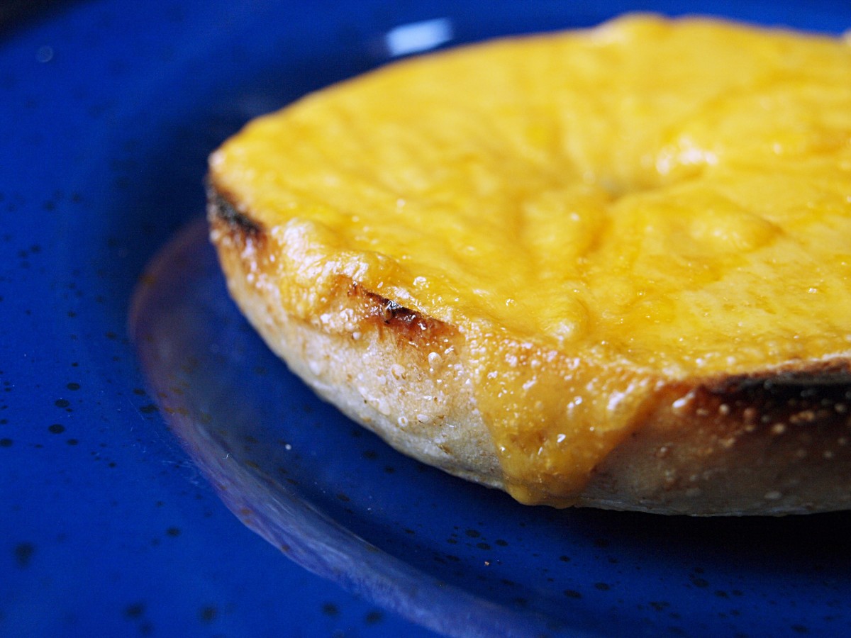 Simply place a piece of cheese on a bagel and toast in a toaster oven.