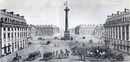 Place Vendome in 1814 with the troops of the 6th coalition. The Statue of Napoleon was replaced by a white flag