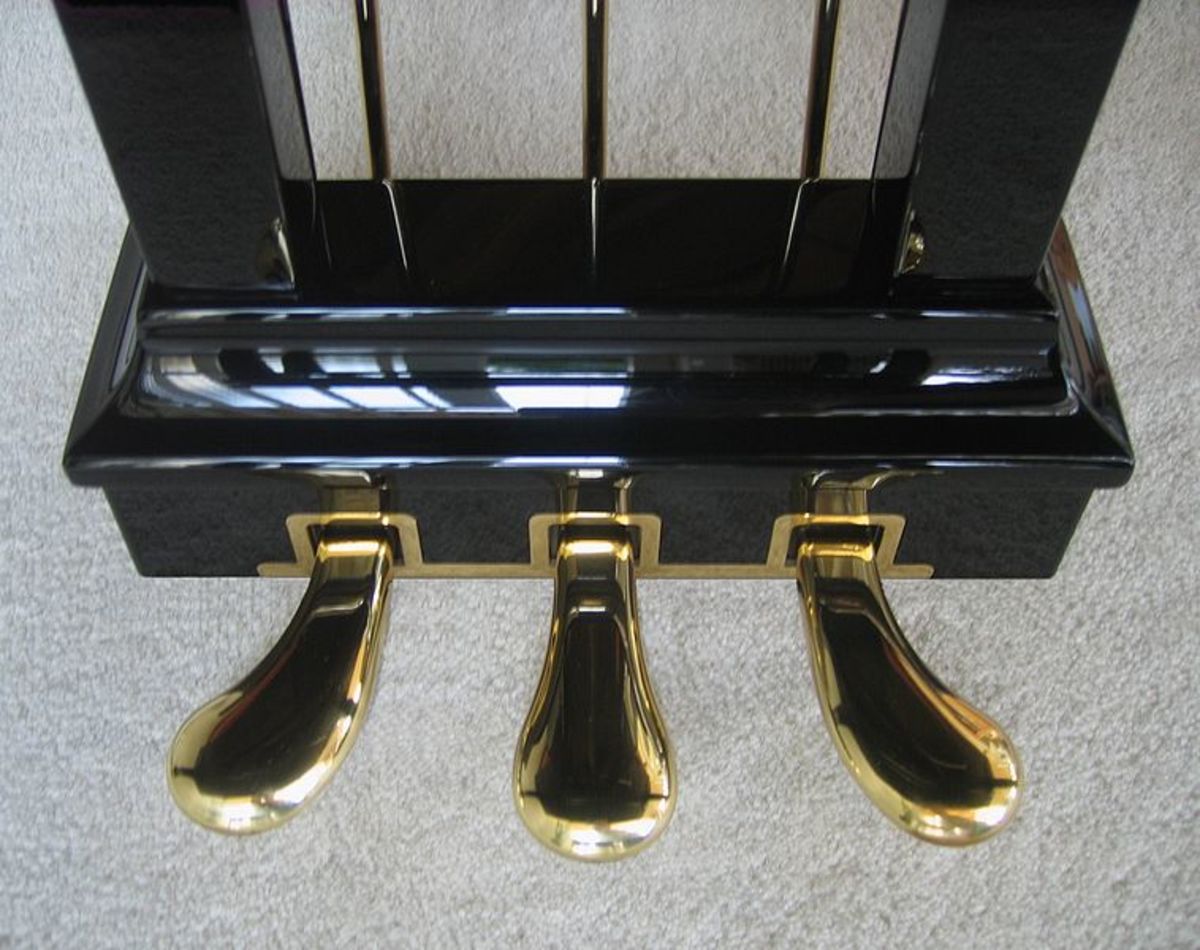 The three foot pedals found on a Steinway grand piano