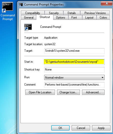 Add your desired non-system directory address in cmd.exe shortcut's start in path