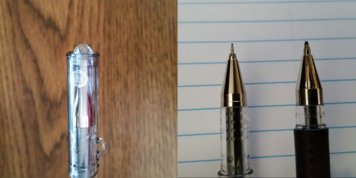 Left: Closer look a the Pilot Hi-Tech-C Maica's cap. Right: Tip compared to a regular gel pen.