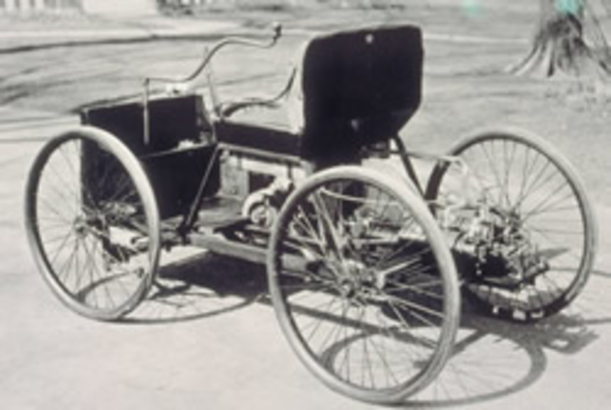 A rear view of the Quadricycle. Note the buggy design and large wheels. 