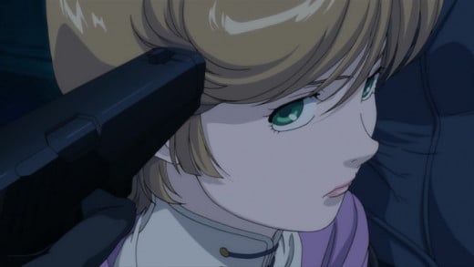 Audrey Burne, a.k.a. Princess Mineva of Zeon in a tight situation. 