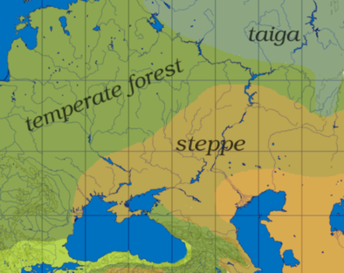 The Yellow area shows the steppe on which the Indo-European peoples are believed to have lived.