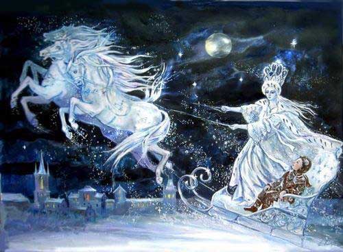 The evil Snow Queen runs off with Kai, Gerda’s childhood sweetheart.