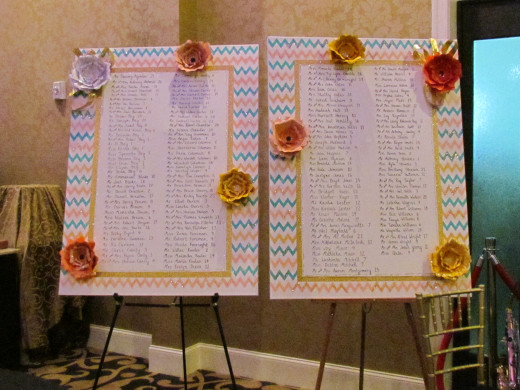 A beautiful display of seating arrangements with table numbers for the guests at the reception created by Aunt Mary Coleman, of the couple. 