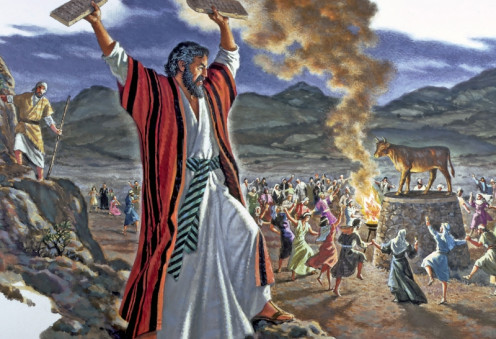 Moses casting down the first set of tablets God gave him after discovering the children of Israel were worshiping a golden calf.