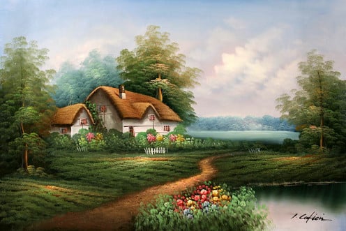 A rural cottage landscape changes with the changing of the seasons. 