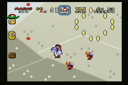 Here a blue yoshi is flying when he a koopa shell in his mouth.