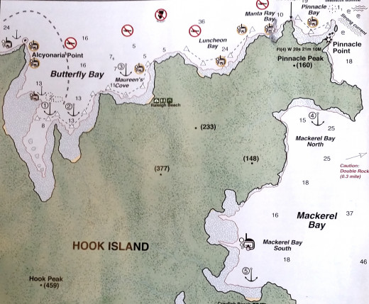 North Hook Island showing the best dive spots. There are many public buoys in the many bays. This is a very popular locality and it is hard to get a buoy. We eventually found one in Butterfly Bay.