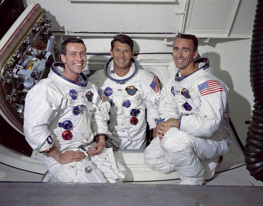 The prime crew of the first manned Apollo space mission from left to right are: Command Module pilot, Don F. Eisele, Commander, Walter M. Schirra Jr. and Lunar Module pilot, Walter Cunningham.