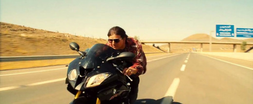 Ethan Hunt on a motorcycle, as he is in every Mission Impossible film.