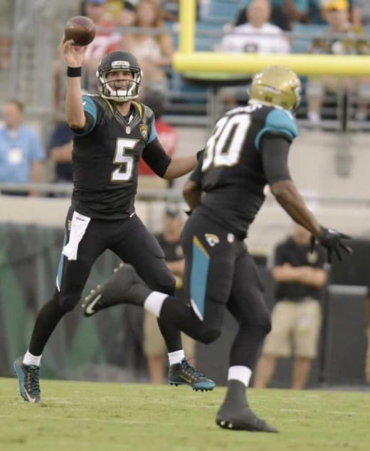 August 14, 2015 --Jaguars quarterback #5, Blake Bortles gets off a short pass to #80, Julius Thomas with 11:06 to play in the first quarter. The Jaguars hosted the Steelers in the first preseason game of the season at EverBank Field 