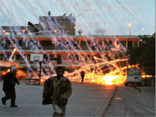 An Israeli white phosphorus round explodes over a Gaza residential area. An Israeli white phosphorus round explodes over a Gaza residential area.