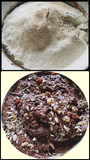 1st pic-wet mixture with sieved flour 2nd pic-cake mixture with walnuts, raisins, & various seeds