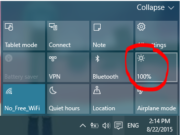 Action Center's Brightness Control button