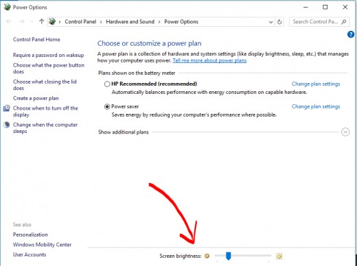 Power Option's Screen Brightness control