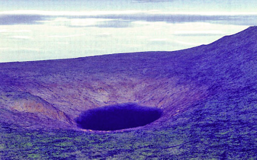 Big rock fall from sky and boom, big hole made in ground. Big boom sound shake many things very far away. Many waters flow into hole.