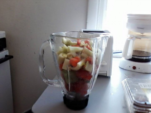 Here is a mixture of fruits and vegetables before being blended.  I have started adding more vegetables as I have gotten more experience.