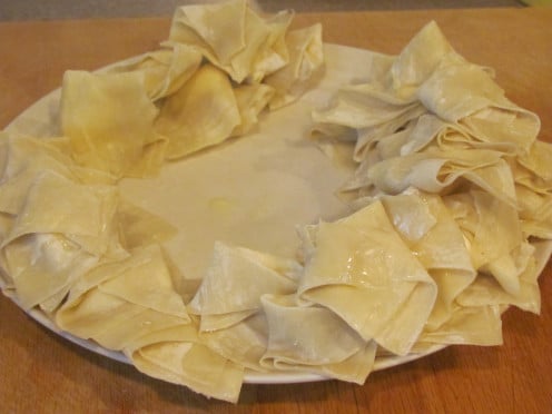 This is what the Wontons look like after Placing the Cream Cheese in Middle of Wonton Skins and Folding them.