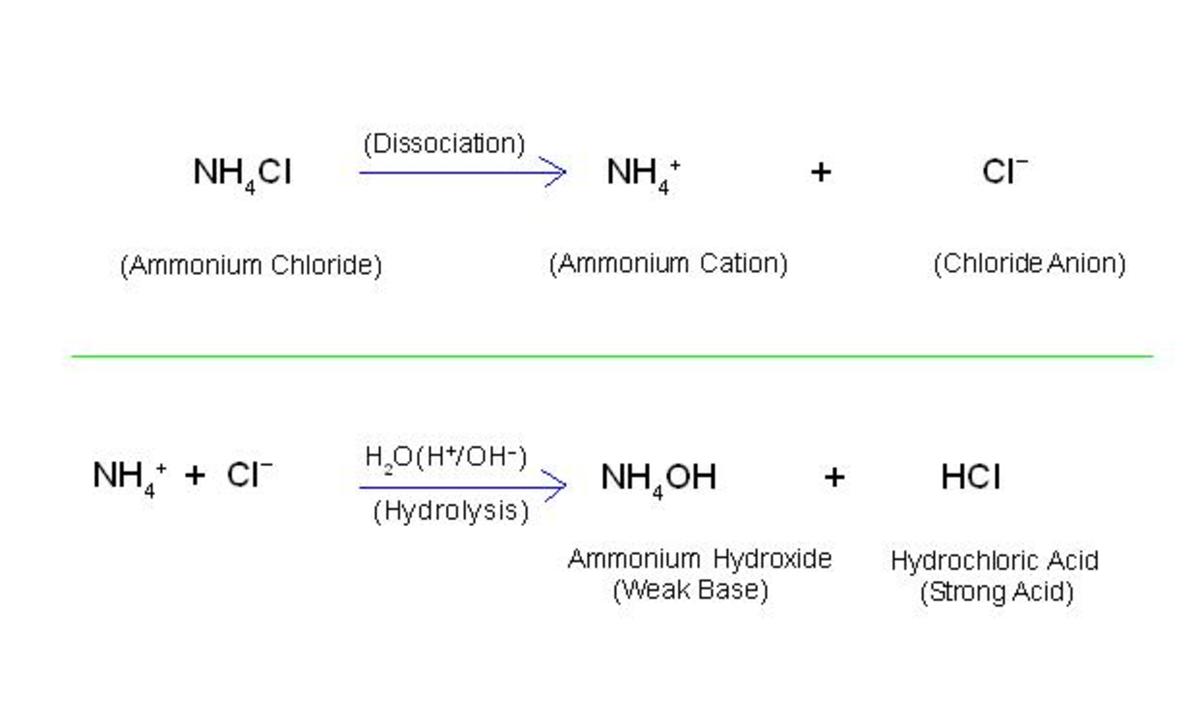 In the first step ammonium chloride dissociates into ions. Then in second step ions produced react with ions of water. As acid produced is stronger, resultant solution becomes acidic.
