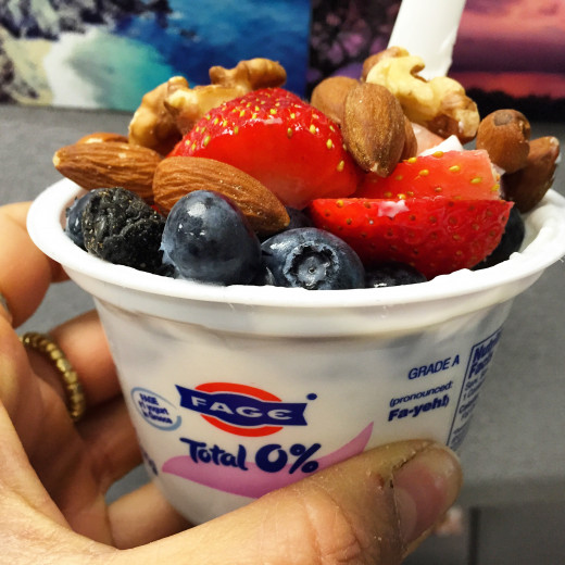 Fage Total with blueberries, strawberries, almonds