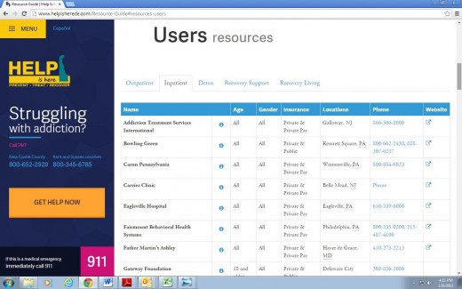 Screen Shot of the Delaware Help is Here site, a tool for residence to find assistance and information about substance abuse.