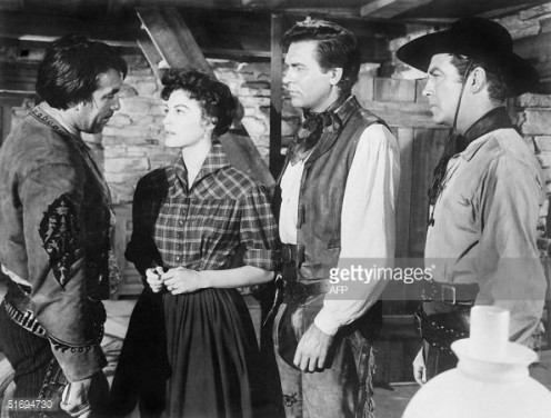 This 1953 file photo shows US actors Howard Keel (2R), Anthony Quinn (L), Ava Gardner (2L) and Robert Taylor (R) during a scene from the Hollywood film 'Ride, Vaquero'