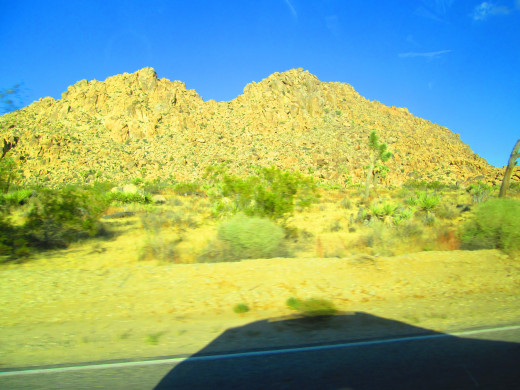 A boulder laden hill with blurry vegetation in the foreground. The downside of taking photographs from a moving vehicle.