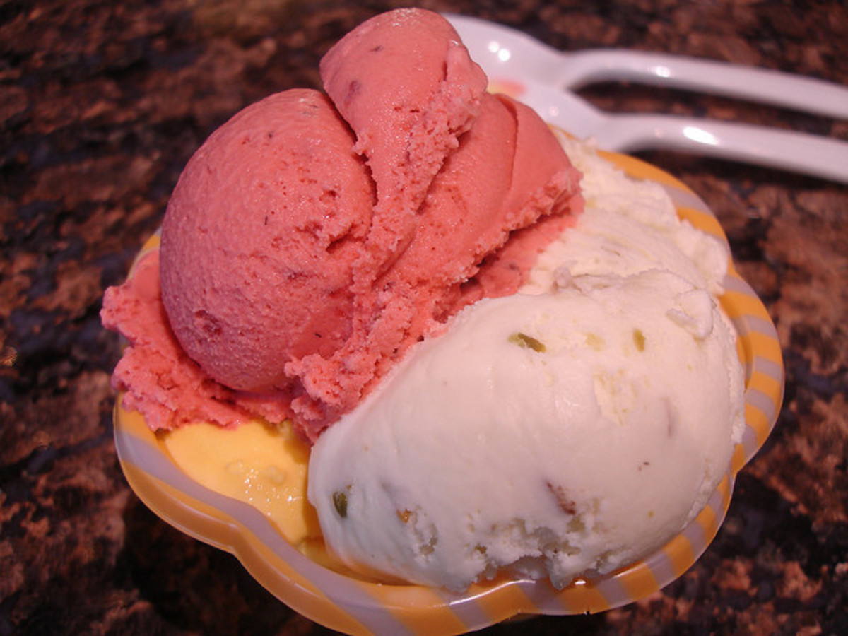 Strawberry, Kashta (rose water) with pistachio, & Cantaloupe Ice Cream