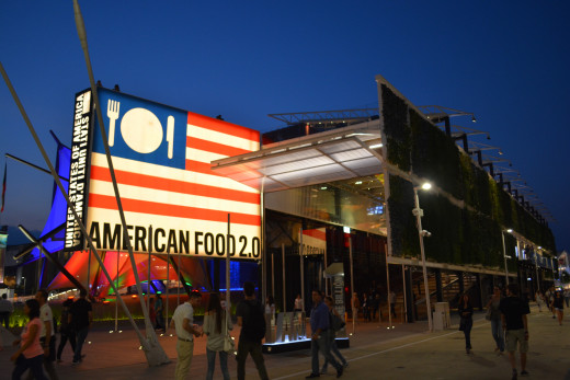 USA Pavilion. Upon entering the pavilion, you will be greeted by President Obama speaking about the the problem of food. 