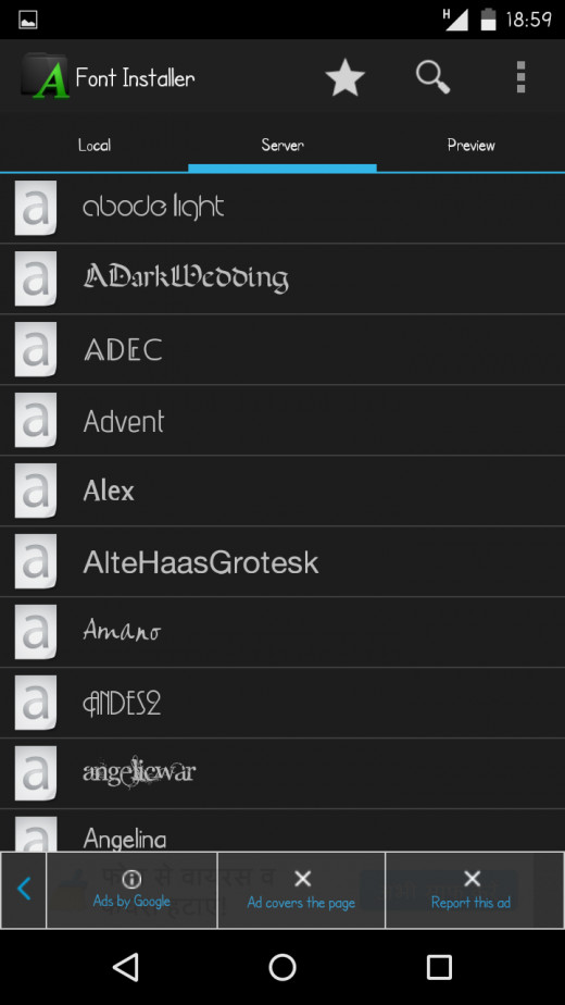 This will show up when you run the app. The server tab shows the fonts that are available at the Font Installer server. You can chose from these fonts and preview them.